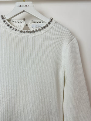 Paco Rabanne White Knitted Long Sleeve Dress with Silver Studs Detail Size M (UK 10)