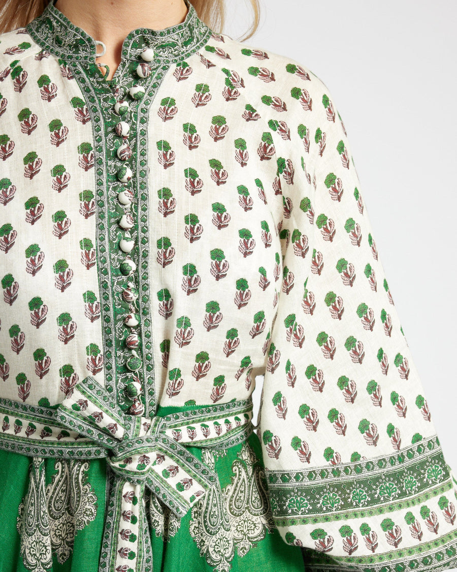 Zimmermann Green Printed Linen Dress with Belt Size 0 (UK 8)