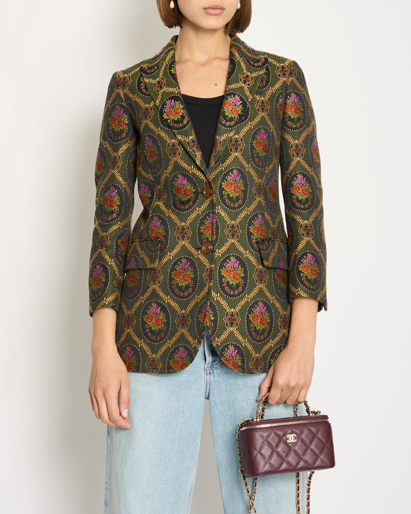 Gucci Green Floral Brocade Blazer Jacket with Floral GG Logo