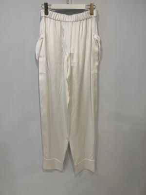 Chanel White Silk Trousers with Black Belt and Crystal CC Logo Detail Size FR 36 (UK 8)