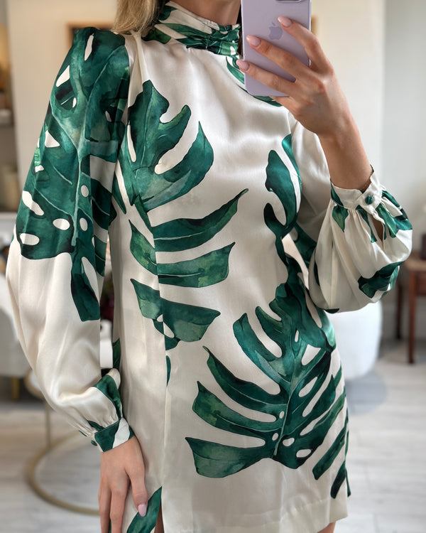 Raquel Diniz Silk Cream, Green Leaf Print Long-Sleeve Tunic Blouse Size 38 IT (UK 6)