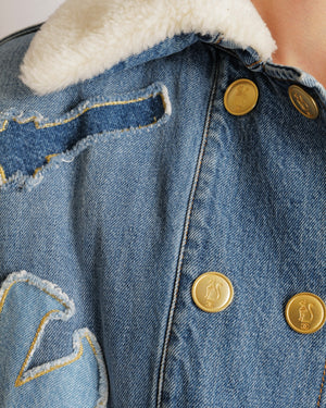 Chanel Métiers d’Art 2019 Blue Denim Jacket with Faux Fur Lining and Patchwork Details with Gold Cat CC Logo Buttons Size FR 34 (UK 6)