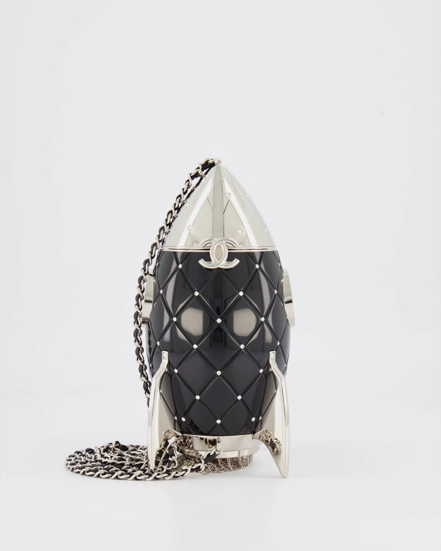 *COLLECTOR'S PIECE* Chanel FW17 Runway Black Plexiglass Rocket Ship Bag with Silver Hardware and Crystal Details