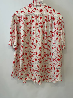 Balenciaga White and Red Printed Silk Short Sleeve Shirt with Tie-Neck Detail Size FR 40 (UK 12)