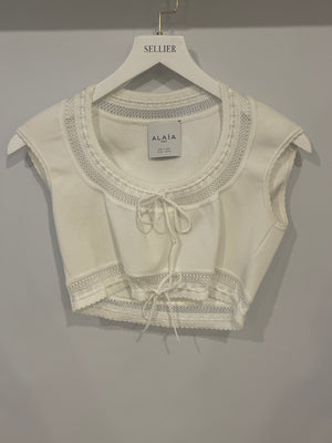Alaïa White Short Sleeved Top with Knitted Detail Size FR 38 (UK 10)