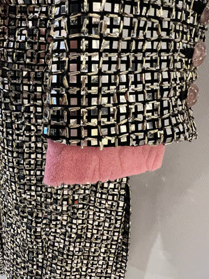*HOT* Chanel Resort 2024 Silver Mirror Sequins Robe Coat with Detachable Pink Cloth Collar Trim and Sleeve Cuffs with Pink CC Logo Buttons Size FR 38 (UK 10)