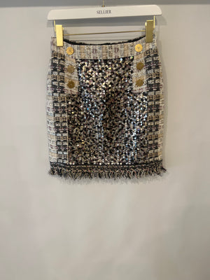 Ralph & Russo Black and Multi-Colour Tweed Sequin Top and Mini Skirt Set with Textured Gold Buttons Size FR 38/40 (UK 10/12)
