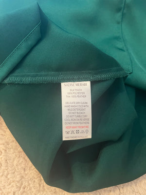 Nadine Merabi Green Satin Top and Trousers Set with Feather Trim Detail and Crystal Buttons Size UK 6/8