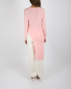 Chanel Resort 2016 Paris Seoul Pink Long-Sleeved Asymmetric Top with Gold CC Logo Button Detail Size FR 36 (UK 8)