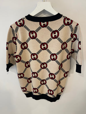 Gucci Beige, Red and Black GG Logo Short-sleeve Knit Top Size L (UK 12)