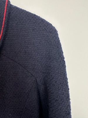 Chanel 97A Navy Wool Long Sleeve Jacket and Pencil Skirt Set with Red, Blue, Green and Yellow Neckline Applique Detail Size FR 38 (UK 10)