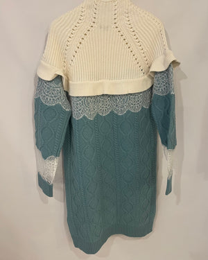 Fendi Light Blue and White Cashmere Cableknit Midi Dress with Lace Details Size IT 38 (UK 6) RRP £1,650