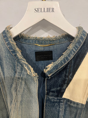 Saint Laurent Blue Denim Patchwork Sleeveless Jacket with Frayed Hem Detail Size XS (UK 6)