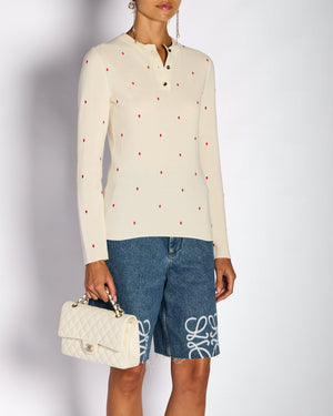 Bottega Veneta Cream Henley Long Sleeve Top with Red Dot Detail Size S (UK 8)