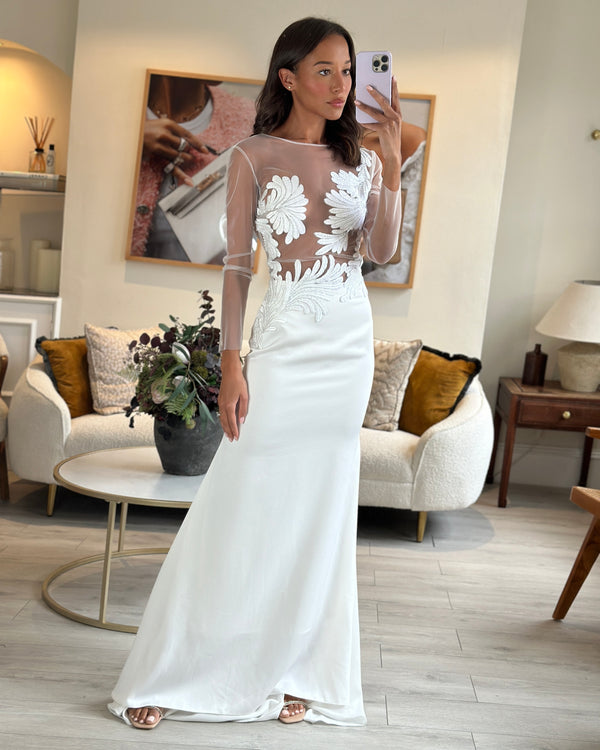 Nadine Merabi White Long Sleeve Gown Dress with Mesh Embellishments Size (UK 12)