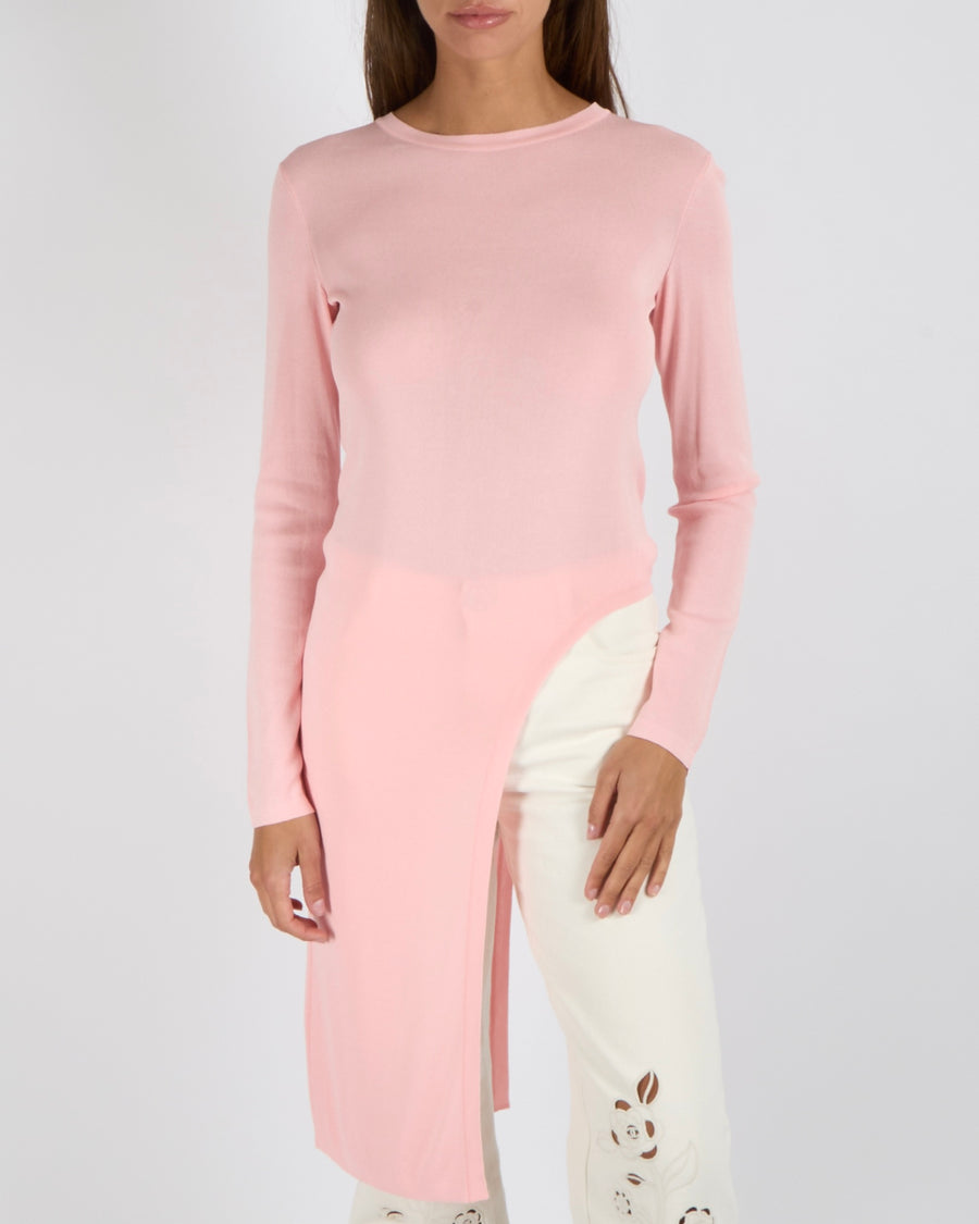 Chanel Resort 2016 Paris Seoul Pink Long-Sleeved Asymmetric Top with Gold CC Logo Button Detail Size FR 36 (UK 8)