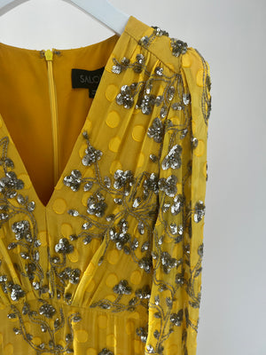Saloni Yellow Long-Sleeve Sequin Embellished Tired Midi Dress UK 6