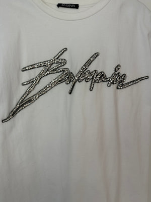 Balmain White Thick Cotton T-shirt with Embellished Logo Detail Size FR 36 (UK 8)