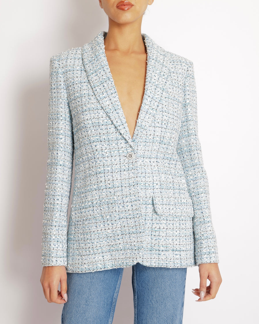 Chanel 19C Light Blue La Pausa Tweed Jacket with Silver and White CC Logo Buttons Size FR 40 (UK 12)