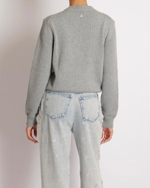 Chanel Grey Cashmere Knitted Jumper with Multi-Colour Crystal Embellished CC Logo Size FR 38 (UK 10)