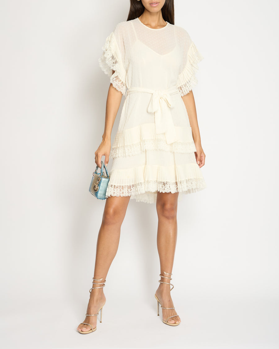 Zimmermann White Round Neck Tiered Midi Dress with Pleated Lace Trim S Sellier Zimmermann White Round Neck Tiered Midi Dress with Pleated Lace Trim S Sellier
