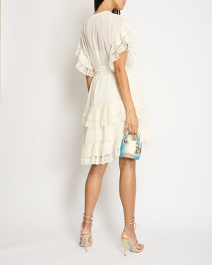 Zimmermann White Round Neck Tiered Midi Dress with Pleated Lace Trim Size 0 (UK 8)