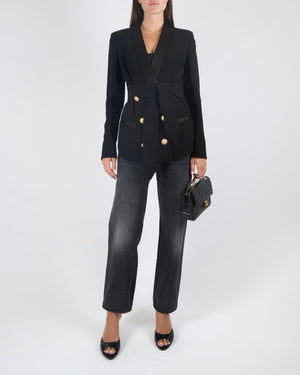 Balmain Black Double Breasted Blazer Jacket with Gold Button Detail, Belt and Satin Collar Size FR 40 (UK 12) RRP £2,400