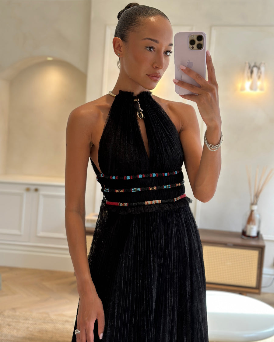 Valentino Black Lace Sleeveless Midi Dress with Gold Neck Detail and Red and Blue Beaded Waist Size IT 36 (UK 4)