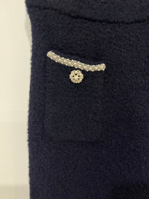 Self Portrait Navy Maxi Skirt with Pearl and Crystal Embellished Button Details Size M (UK 10)