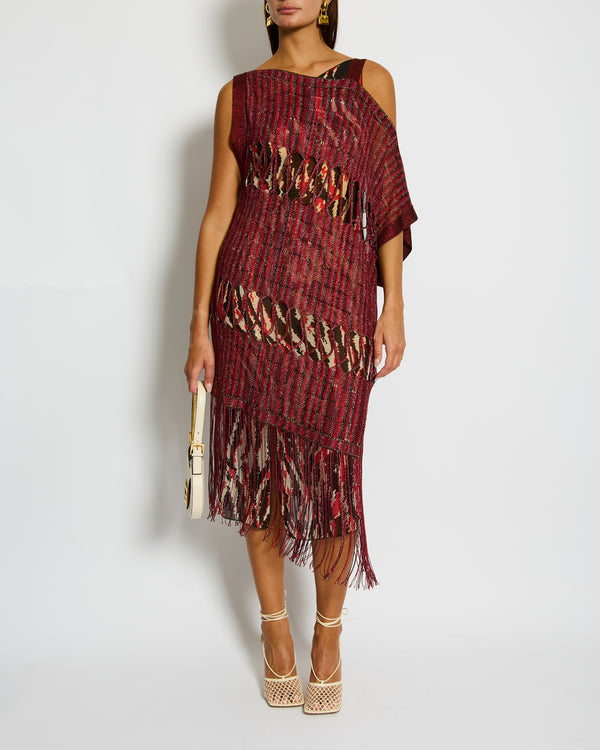 Missoni Red One Shoulder Printed Midi Dress with Tassel Over-Lay Size IT 38 (UK 6)