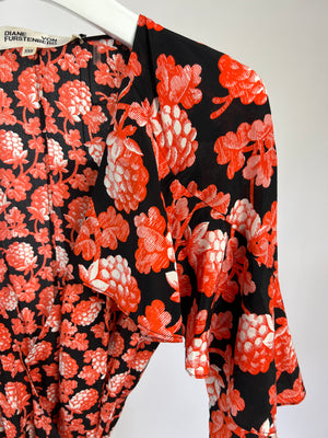 Diane Von Furstenberg Black, Red Floral Print Silk Ruffle Wrap Maxi Dress Size XXS (UK 6)