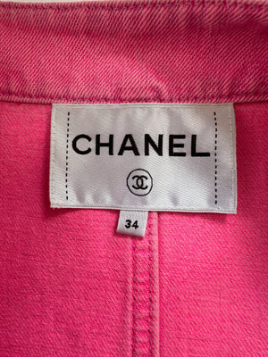*HOT* Chanel 21S Hot Pink Denim Jacket with Detachable Camelia Brooches Detail Size FR 34 (UK 6)