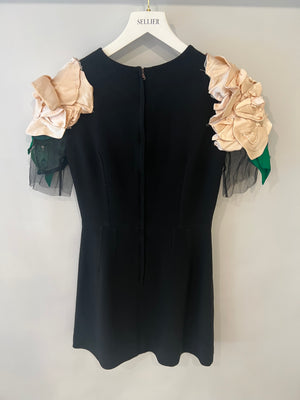 Dolce & Gabbana Black Mini Dress with Mesh Short Sleeves and Floral Shoulder Details Size IT 42 (UK 10)