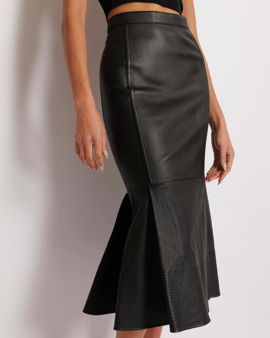 Valentino Black Lambskin Leather Midi Skirt with Bottom Stitch Detail Size IT 40 (UK 8)