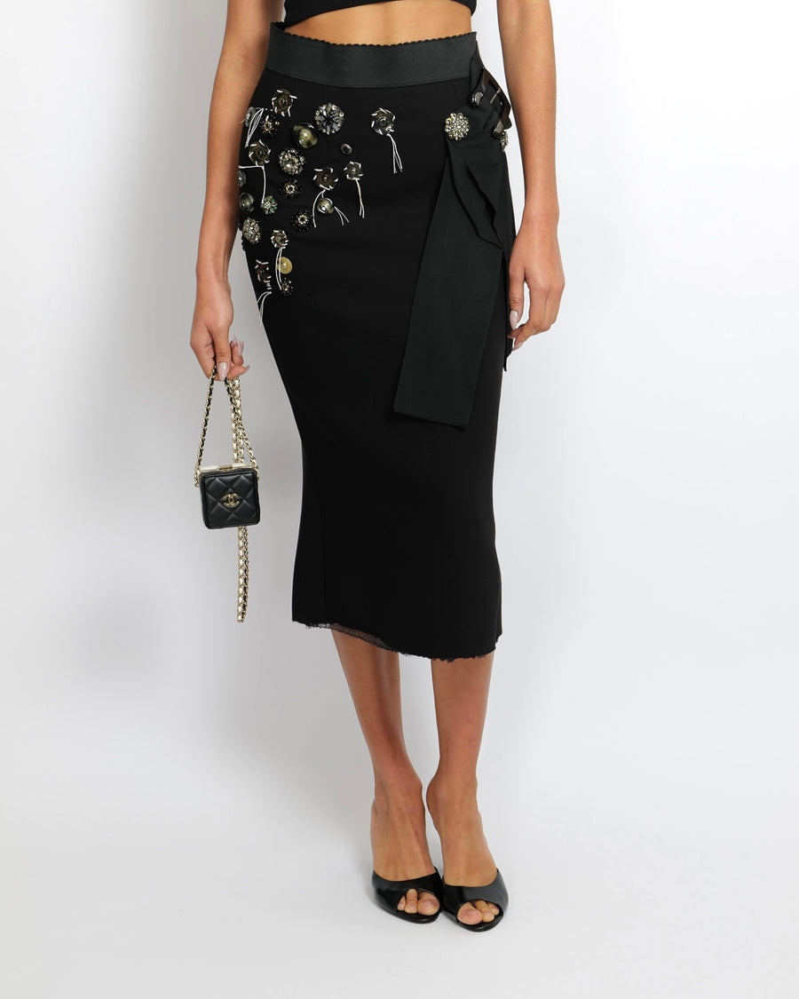 Dolce & Gabbana Black Wool Midi Skirt with Crystal Embellishments and Buckle Detail Size IT 44 (UK 12)