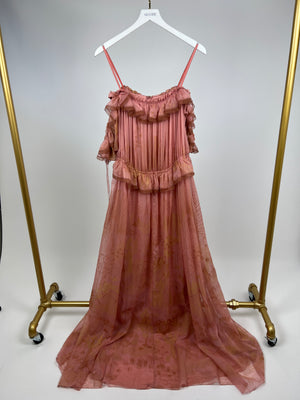 Valentino Pink Off The Shoulder Maxi Dress with Gold Print Detail Size IT 42 (UK 10)