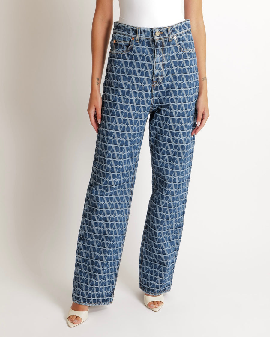 Valentino Blue High-Waisted Wide Leg Jeans with VLogo Print and Gold Button Detail Size 24 (UK 6) RRP £1,240