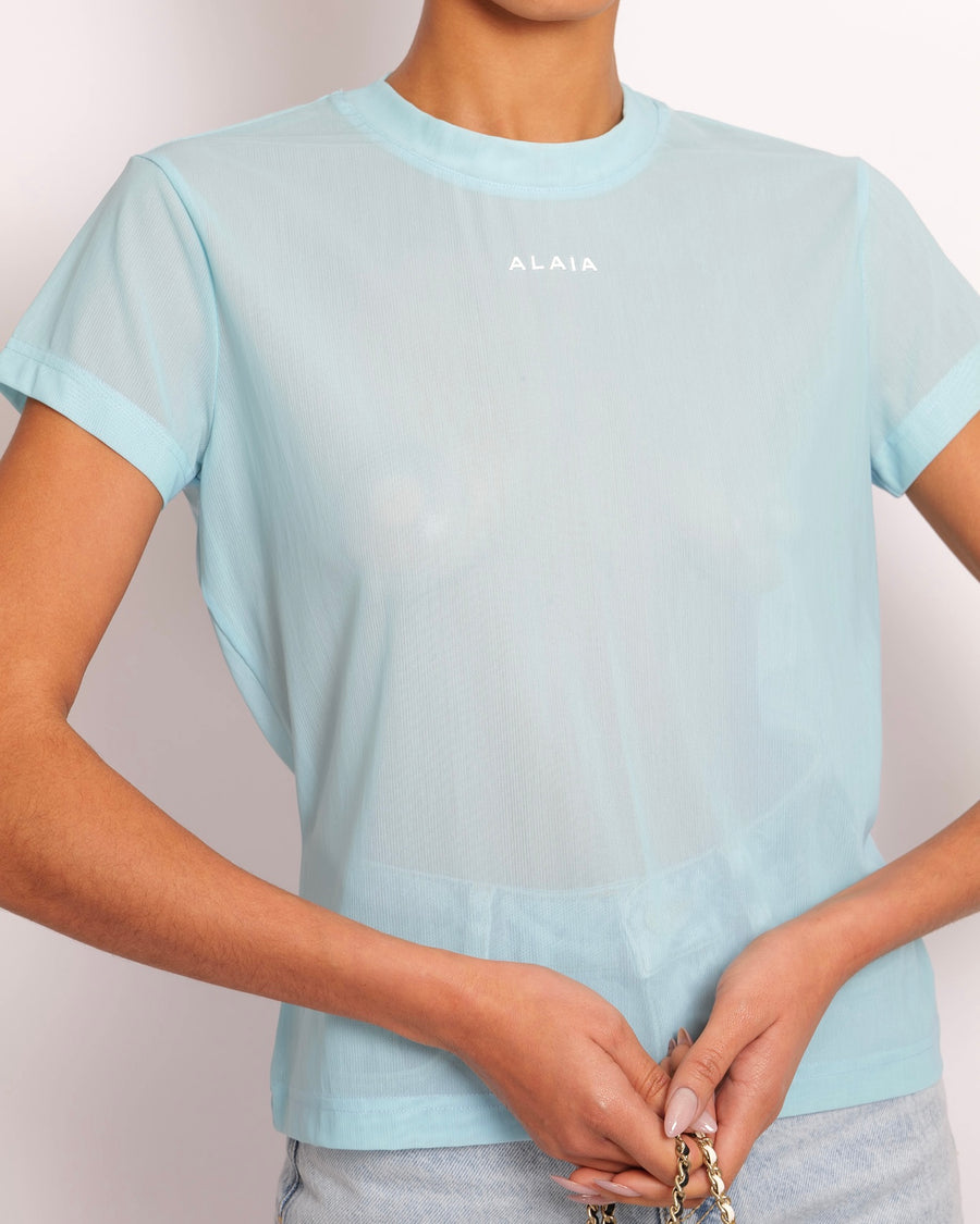 Alaia Light Blue Mesh Short-Sleeved Top with White Logo Detail Size FR 40 (UK 12)