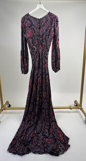 Etro Black & Pink Floral Paisley Printed Long Sleeve Maxi Silk Dress with V-Neck Line Detail Size IT 44 (UK 12)