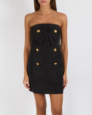 Louis Vuitton Black Strapless Bustier Mini Dress with Bow Detail and Gold LV Logo Buttons Size FR 36 (UK 8)