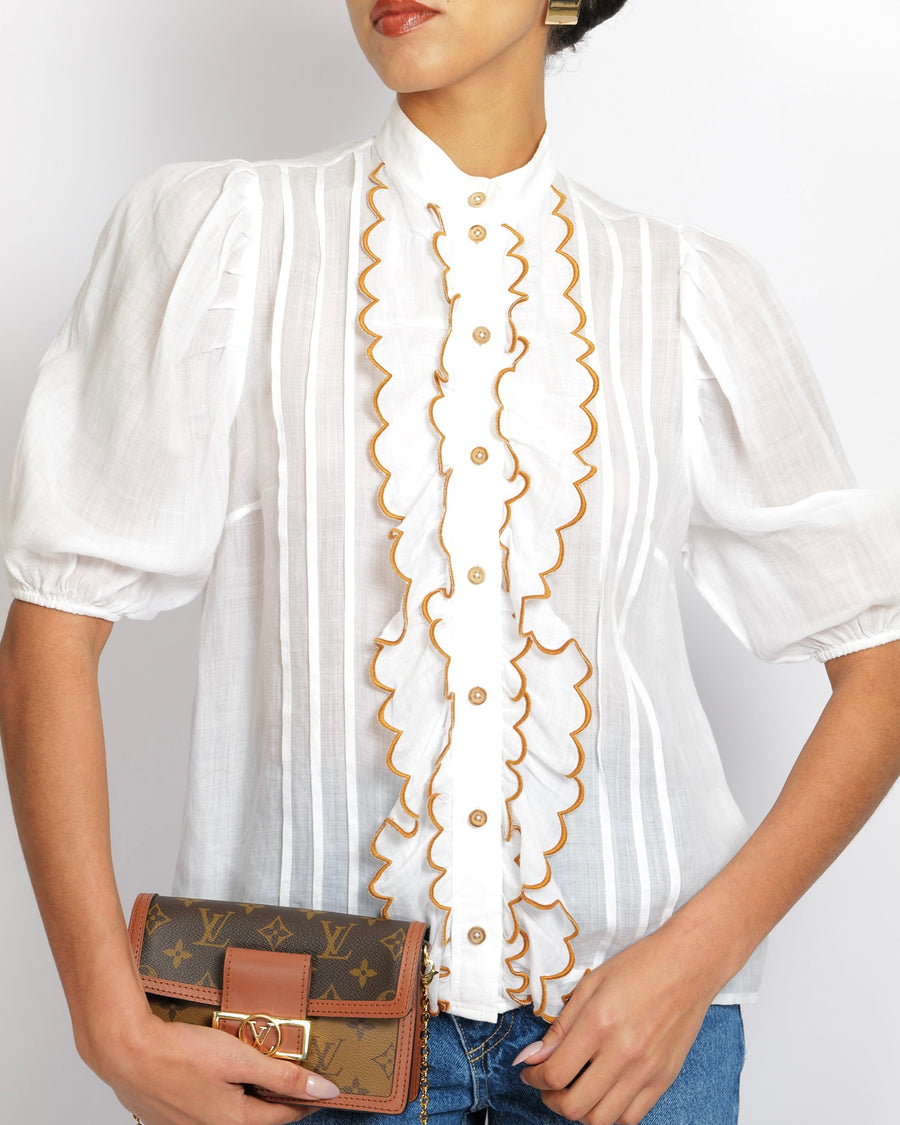 Zimmermann White Short-Sleeved Blouse with Scalloped Details and Brown Trim Size 1 (UK 10)