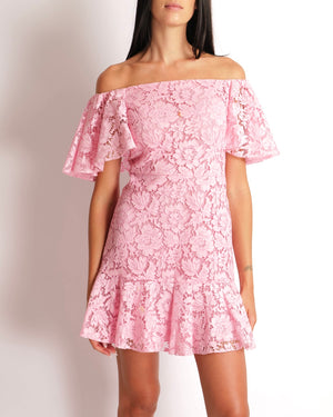 Valentino Pink Floral Lace Off-Shoulders Mini Dress with Ruffled Hem Detail Size IT 40 (UK 8)