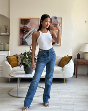 Celine Washed Blue High-Waisted Straight Jeans with Gold Hardware Detail on the Waistband Size 26 (UK 8)