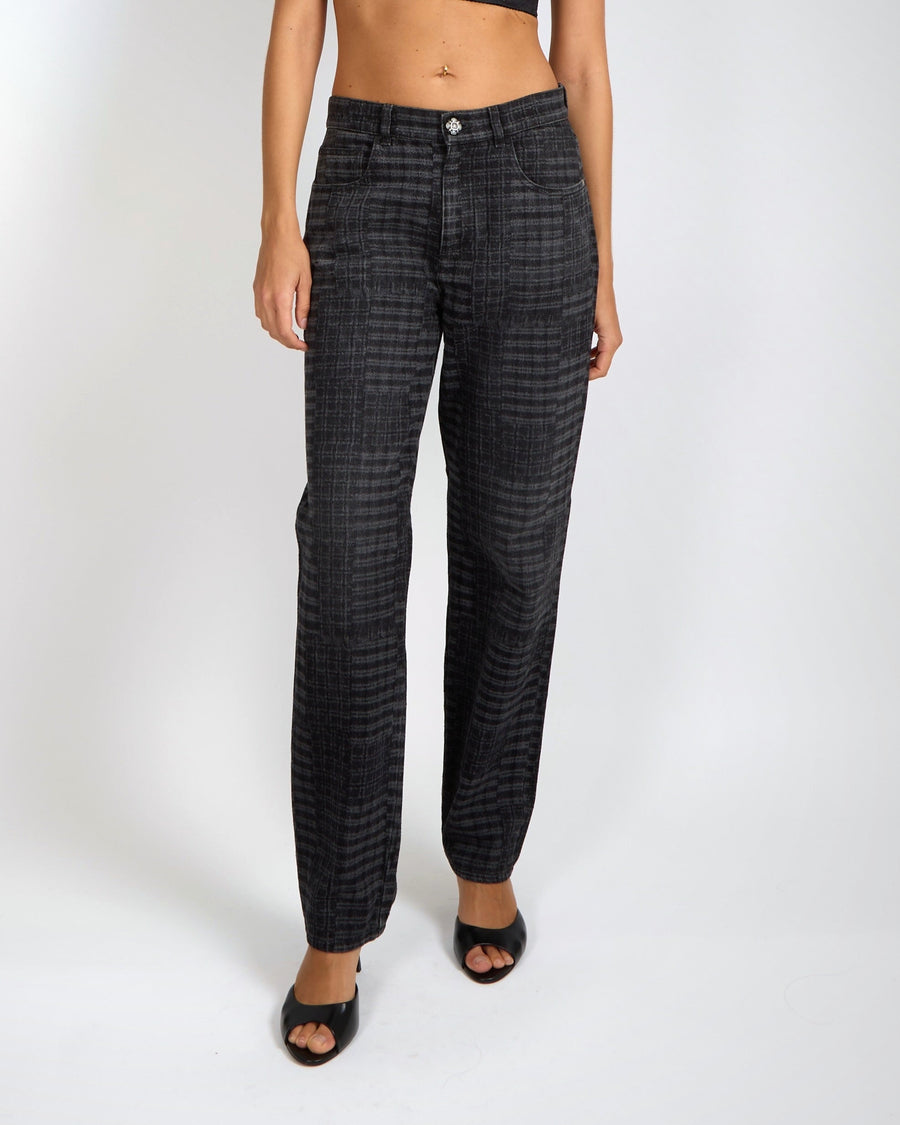 Chanel 24A Dark Grey Checkered Straight Leg Jeans with Grey Crystal Camellia Button and Silver CC Logo Details Size FR 38 (UK 10)
