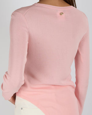 Chanel Resort 2016 Paris Seoul Pink Long-Sleeved Asymmetric Top with Gold CC Logo Button Detail Size FR 36 (UK 8)