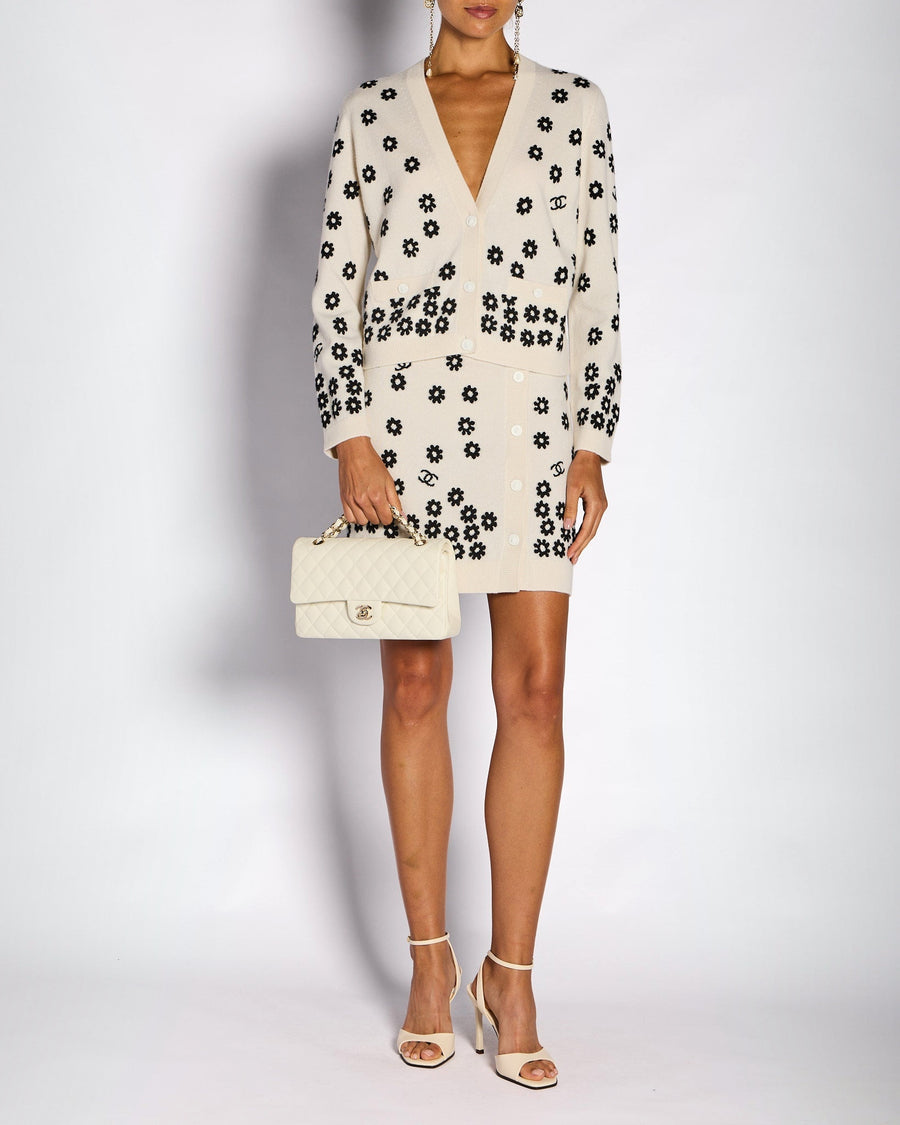 Chanel Cream Floral Button Down Cardigan with Matching Skirt Set Size FR 38/42 (UK 10/14)