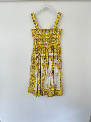 Dolce & Gabbana Yellow Majolica Print Midi Dress with Pleat Detail Size IT 44 (UK 12)
