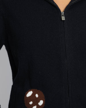 Loro Piana Navy Baby Cashmere Ribbed Long-Sleeved Hooded Gilet with Mushrooms and Fox Print Size IT 40 (UK 8)