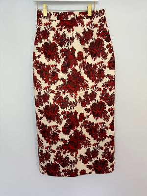 Emilia Wickstead Cream and Red Floral Crop Top and Midi Skirt Set Size UK 12