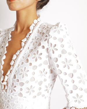 Elie Saab White Macrame Lace Midi Dress with V-Neck Detail Size FR 38 (UK 10)